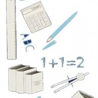 Logo des Grundschulwettbewerbs Mathe (Grafische Darstellungen eines Matheheftes, eines Taschenrechners, mehrerer Stifte,  Buchstaben (ABC) sowie einer Rechnung (1+1=2), mehrerer Bücher und eines Geodreiecks. 
